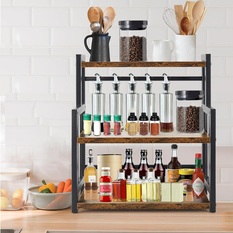 17 Stories Spice Rack Corner Shelf 3 Tier Wood Metal Storage Shelf Standing Pantry Shelf For Kitchen Bathroom Coffee Counter Shelf Organizer With Adjustable Shelf Cabinet Rustic Brown Wayfair
